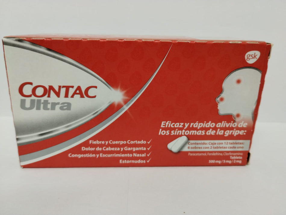 Contac Ultra Eficaz y Rapudo Alivio de Los Sintomas de la Gripe, 12 Tabletas