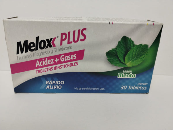 Melox Plus Aluminia, Magnesio y Simeticon Acidez+Gases, 30 Tabletas