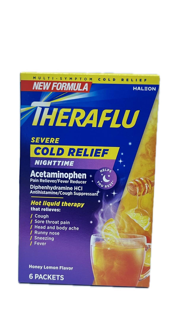 Theraflu Apoyo al Resfriado De Noche Sabor A Miel Y Limón 6 Bolsitas